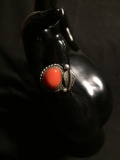 Rope & Feather Detailed 19x15mm Feature w/ Round Coral Cabochon Center Old Pawn Native American