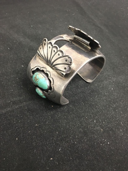 AMAZING HEAVY Old Pawn Native Signed CC Sterling Silver & Turquoise Chunk Cuff Bracelet Watch Band