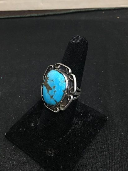CHUNKY Sterling Silver & Turquoise Old Pawn Natice American Statement Ring Sz 7.5