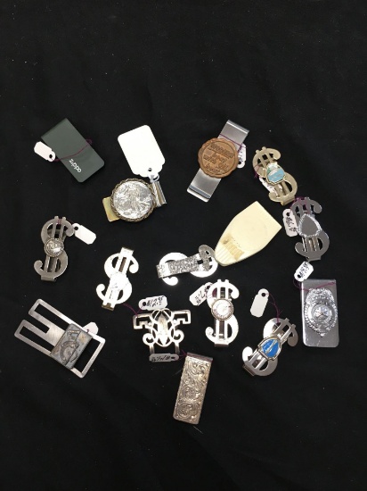 LOOK! Huge Pawn Shop Lot of Money Clips - Sterling Silver - 90% Silver Half - Zippo - Fire DEPT -