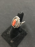 Red Coral Double Leaf Old Pawn Native American Sterling Silver Ring Size 6