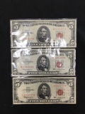 PAWN SHOP SAFE FIND - 3 Count Lot of US Lincoln $5 Red Seal Bill Notes - $15 Face Value