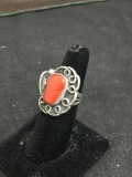 Red Coral Old Pawn Native American Sterling Silver Ring Size 6