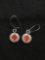 Round 10mm Diameter w/ Diamond Shaped Coral Inlay Center Shepard's Hook Pair of Sterling Silver