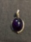 Bead Ball Framed Oval 24x19mm Polished Amethyst Cabochon Detailed Sterling Silver Pendant