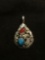 Teardrop Shaped 32x20mm Hand-Detailed Turquoise & Coral Featured Old Pawn Native American Sterling