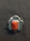 Oval 15x9mm Polished Coral Cabochon Center Feather & Filigree Decorated Old Pawn Native American