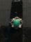 Oval 9x6mm Malachite Cabochon Center Bead Ball & Scallop Detailed Old Pawn Mexico Sterling Silver