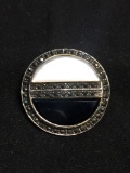 Boma Designer Round 30mm Diameter Marcasite Detailed Sterling Silver Brooch w/ Half Moon Onyx &