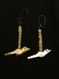 Hand-Beaded Bone w/ Hand-Carved Mother of Pearl Dove Drop 53mm Long 25mm Wide Old Pawn Mexico Pair