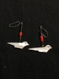 Hand-Beaded Coral w/ Hand-Carved Mother of Pearl Dove Drop 45mm Long 30mm Wide Old Pawn Mexico Pair