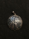 MAG Designer Round 30mm High Polished & Oxidized Tribal Decorated Signed Designer Sterling Silver