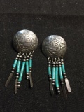 Old Pawn Native American Pair of 45mm Long Sterling Silver Tribal Design Chandelier Earrings w/