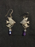 Angel Fish Motif 40x22mm Detailed Pair of Shepard's Hook Sterling Silver Earrings w/ Crystal Faceted