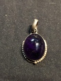 Bead Ball Framed Oval 24x19mm Polished Amethyst Cabochon Detailed Sterling Silver Pendant