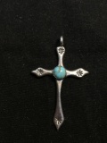 Hand-Engraved 45x27mm Old Pawn Native Mexico Sterling Silver Cross Pendant w/ Round 5mm Turquoise