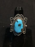 Oval 20x12mm Polished Turquoise Cabochon Center Rope Scallop Detailed Old Pawn Native American