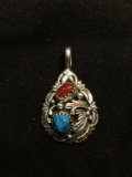 Teardrop Shaped 32x20mm Hand-Detailed Turquoise & Coral Featured Old Pawn Native American Sterling