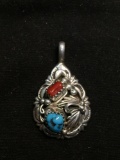 Teardrop Shaped 32x20mm Hand-Detailed Turquoise & Coral Featured Old Pawn Native American Sterling