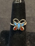 Broken Edge Turquoise & Coral Inlaid 12x12mm Butterfly Old Pawn Native American Sterling Silver Ring