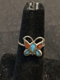 Broken Edge Turquoise & Coral Inlaid 12x12mm Butterfly Old Pawn Native American Sterling Silver Ring