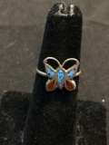 Broken Edge Turquoise & Coral Inlaid 12x12mm Butterfly Old Pawn Native American Sterling Silver Ring