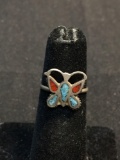 Broken Edge Turquoise & Coral Inlaid 12x12mm Butterfly Old Pawn Native American Sterling Silver Ring