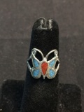 Broken Edge Turquoise & Coral Inlaid 15x12mm Split Shank Butterfly Old Pawn Native American Sterling