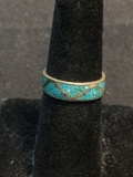 Broken Edge Turquoise Inlaid Staggered Triangle Eternity Design 5mm Wide Old Pawn Mexico Sterling