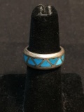 Staggered Triangle Turquoise Inlaid 8mm Wide Old Pawn Native American Sterling Silver Eternity Band