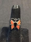 Coral & Onyx Inlaid 17x15mm Old Pawn Mexico Sterling Silver Butterfly Ring Band