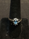 Oval Faceted 5.5x3.5mm Blue Topaz Center w. Sapphire Marquise & Round CZ Accented Bypass Vintage