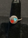 Round 11mm Diameter Top w/ Broken Edge Turquoise & Coral Heart Inlaid Old Pawn Mexico Sterling