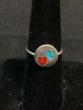 Round 11mm Diameter Top w/ Broken Edge Turquoise & Coral Heart Inlaid Old Pawn Mexico Sterling