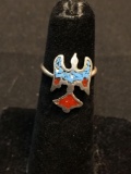 Broken Edge Turquoise & Coral Inlaid 17x11mm Eagle Design Top Old Pawn Sterling Silver Ring Band