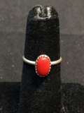 Oval 8x5mm Coral Cabochon Center Old Pawn Native American Sterling Silver Ring Band