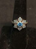 Round Faceted 5mm Blue Topaz Center 14mm Diameter Blue Topaz Accented Snowflake Design Sterling