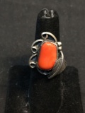 Oval 16x10mm Polished Coral Cabochon Center Feather & Filigree Decorated Old Pawn Native American