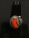 Oval 17x8mm Polished Coral Cabochon Center Feather & Rope Decorated Old Pawn Native American