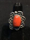 Oval 16x10mm Polished Coral Cabochon Center Scallop Filigree Decorated Old Pawn Native American