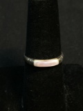 Horizontal Set Pink Mother of Pearl Cabochon Center 3mm Wide FAS Designer Sterling Silver Band