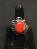Oval 19x3mm Polished Coral Cabochon Center Feather & Filigree Decorated Old Pawn Native American