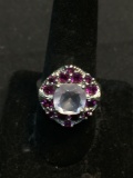 Cushion Faceted 10x10mm Pink CZ Center w/ Round Purple CZ Accented Halo 20mm Diameter Sterling