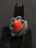 Oval 21x13mm Polished Coral Cabochon Center Feather & Filigree Decorated Old Pawn Native American