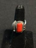 Oval 13x9mm Polished Coral Cabochon Center Feather & Rope Decorated Old Pawn Native American