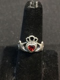 Boma Designer 12mm Wide Irish Claddagh Sterling Silver Ring Band w/ Heart Faceted 5mm Garnet Center