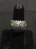 Abalone Inlaid Filigree Decorated Domed 16mm Wide Tapered Sterling Silver Band