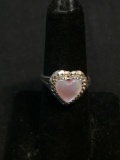 Rope Frame Detailed Heart Fashioned 9mm Pink Mother of Pearl Cabochon Center Sterling Silver Ring