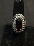 Martelli Designer Oval 26x18mm Rhinestone Accented Halo w/ Oval Faceted 17x8mm Amethyst Center