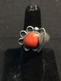 Round 11mm Diameter Polished Coral Cabochon Center Feather & Scallop Decorated Old Pawn Native